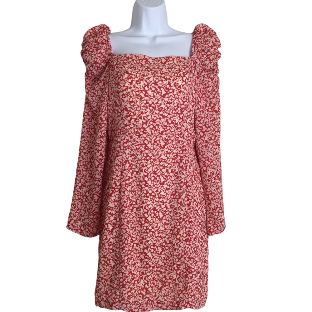 Leith Puff Sleeve Long Sleeve Floral Mini Dress Red M - Picture 2 of 16